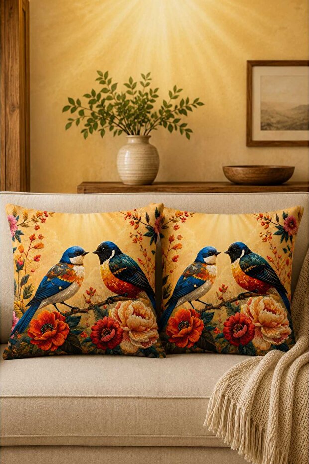 Set of 2 Decorative Throw Pillow Covers – Bird and Flower Pattern Design