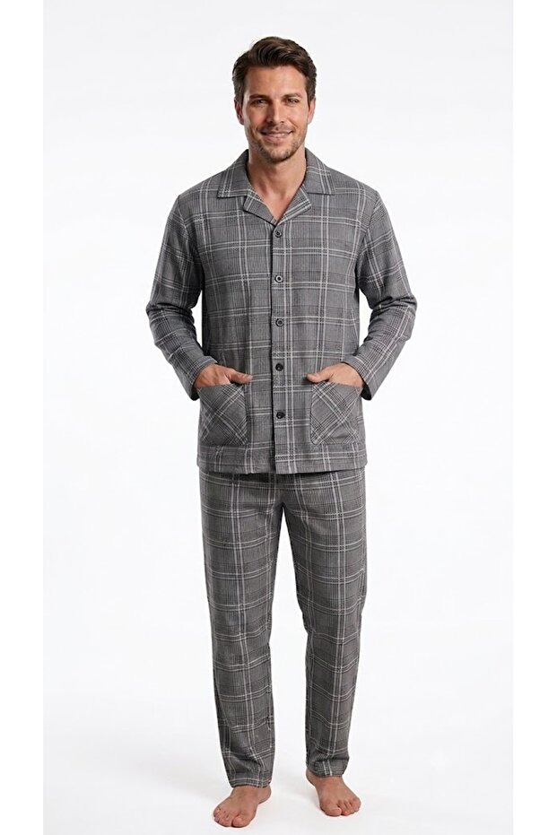 Men's Shirt Collar Comfortable Fit Front Pocket Front Buttoned Seasonal Large Size Pajama Set 100% Cotton