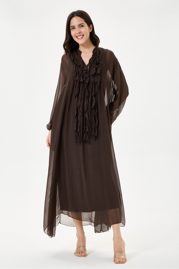 Brown Italian Collar Ruffled Half Placket Buttoned Collar Lined Long Silk Dress 38 - 44 Size