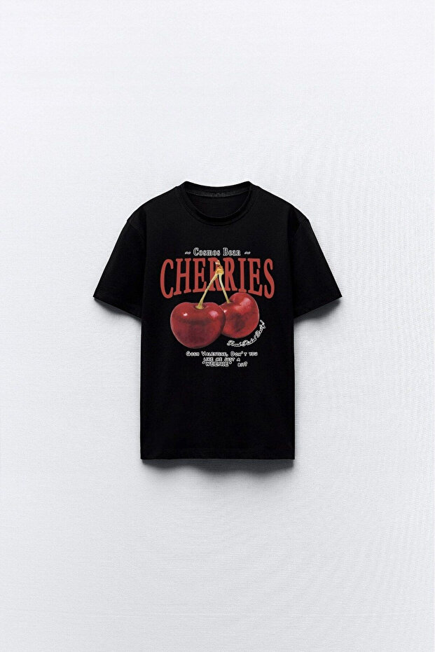 Unisex Oversized T-Shirt Cherries Cherry Printed Black / White