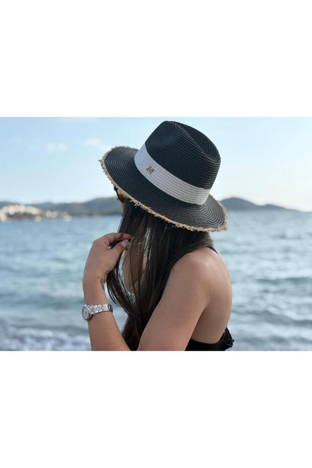 Women's Black Straw Sun Hat with White Band Detail and Wide Brim for Summer