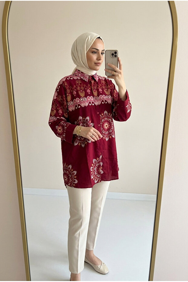قميص نسائي منقوش كبير الحجم بياقة على شكل قميص، تونيك مريح وعملي