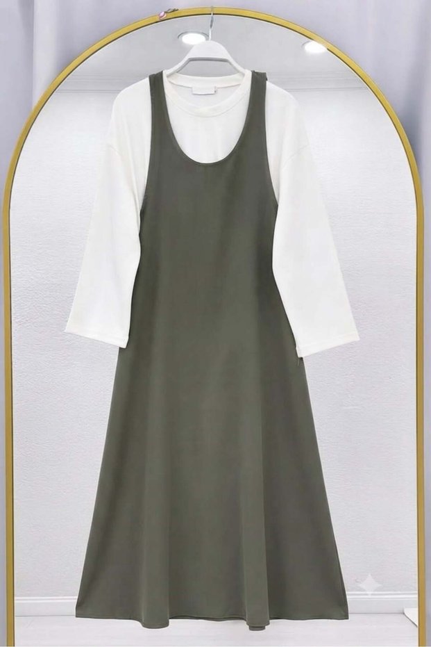 Women's Blouse Detailed Salopet Gilet Dress Khaki