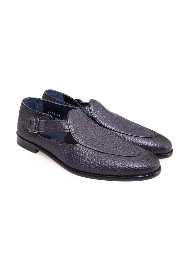 Dark Blue Color Laceless Genuine Leather Leather Sole Men's Shoes
