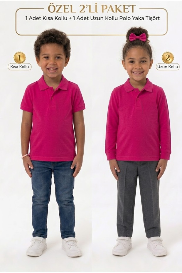 Children's Unisex Poloyaka Long-Short Sleeve Set of 2 School T-Shirts (Back to School)-Ncr