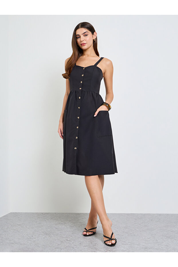 Black Button Front Midi Dress with Patch Pocket
