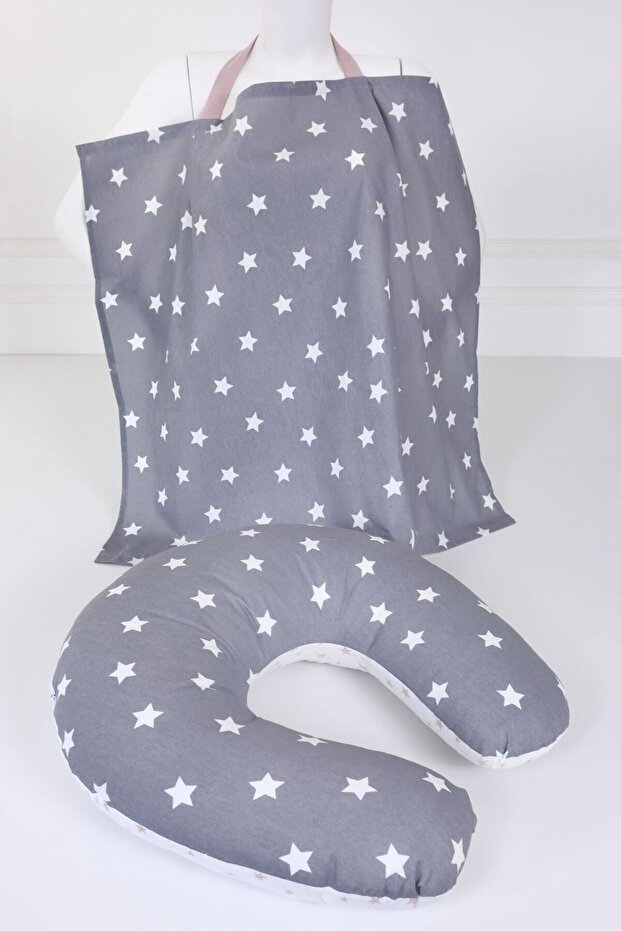 Comfortable Breastfeeding Pillow and Bib Set, 100% Cotton, Dark Grey/Powder