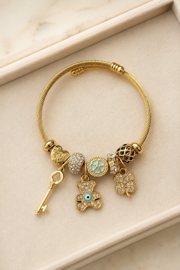 Women's Gold Steel Charm Bracelet with Key, Teddy Bear, Clover, Heart and Evil Eye Bead Detail, Adjustable Bracelet