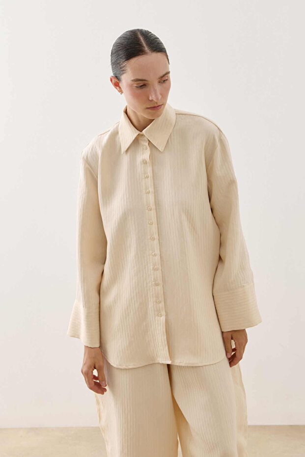 Multi-Button Striped Textured Shirt Ecru