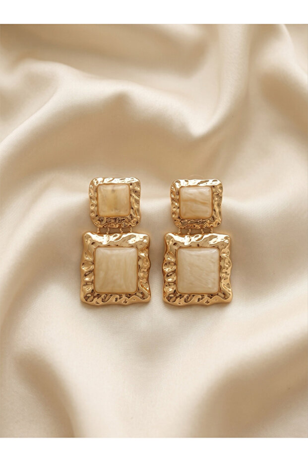 Cream Square Stone Gold Color Geometric Earrings