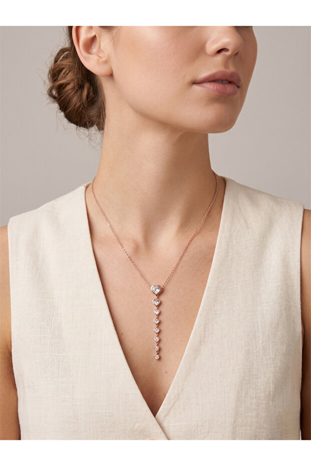 Rose Gold Y Necklace with White Heart Stone