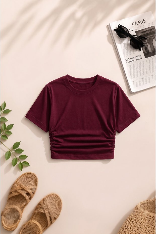 Women's Burgundy Crop Blouse Crew Neck Short Sleeve Casual Basic T-Shirt