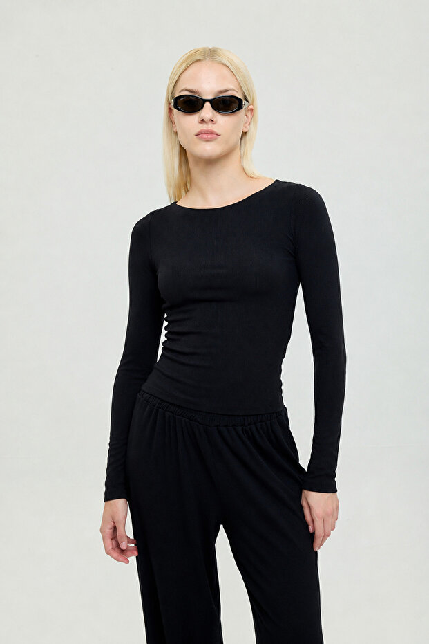 Soft Rib Boat Neck Blouse Black