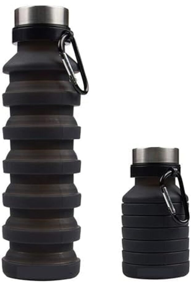 550ml Collapsible Silicone Water Bottle, BPA-Free Foldable Leakproof Sports Water Bottle with Carabiner, Reusable Portable Travel Bottle for Gym, Hiking, Camping & Outdoor Activities (Black)