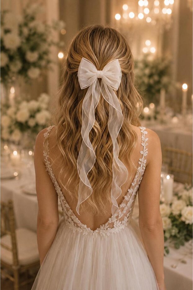 Tulle Bow with Tassels, White Color, 13 Cm. Casual. Suitable for Engagement, Wedding, Marriage.