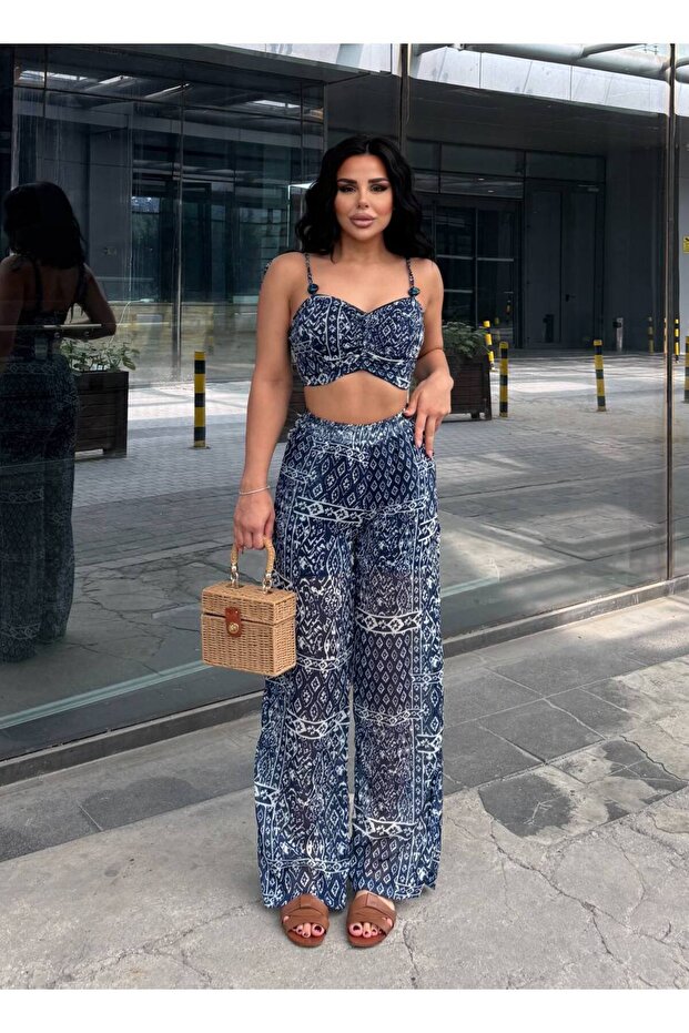 Women's Navy Blue Ethnic Patterned Strappy Crop Bustier Chiffon Shorts Lined Wide Leg Pants Set 8086
