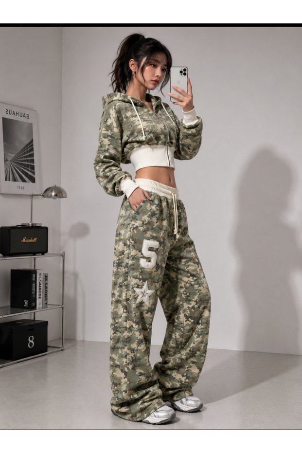 Women's Strap/Corset Waist Wide Leg Camouflage Tracksuit Set Starry Star Embroidered Crop Hooded Sweat Set