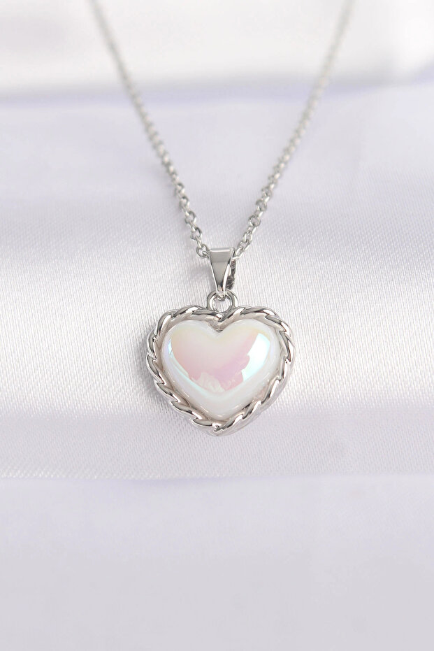 316L Steel Chain Silver Color White Stone Curved Heart Necklace