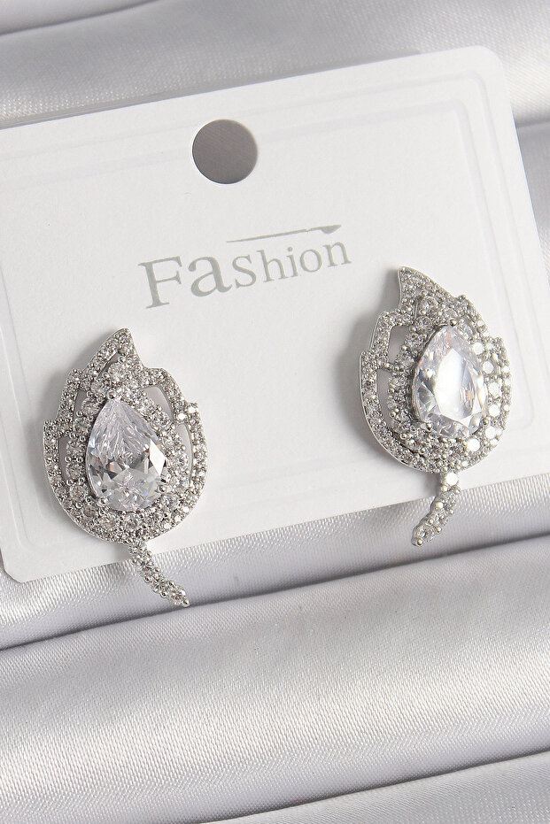 Brass Silver Color Zircon Stone Leaf Model Women's Earrings