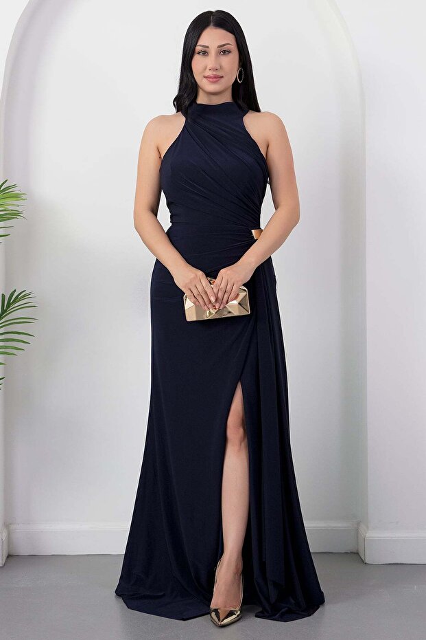 Halter Neck Draped Buckle Evening Dress Ecr5862