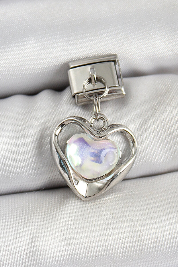 316L Steel Dangle Zircon Stone Heart Model Silver Color Nomination Charm