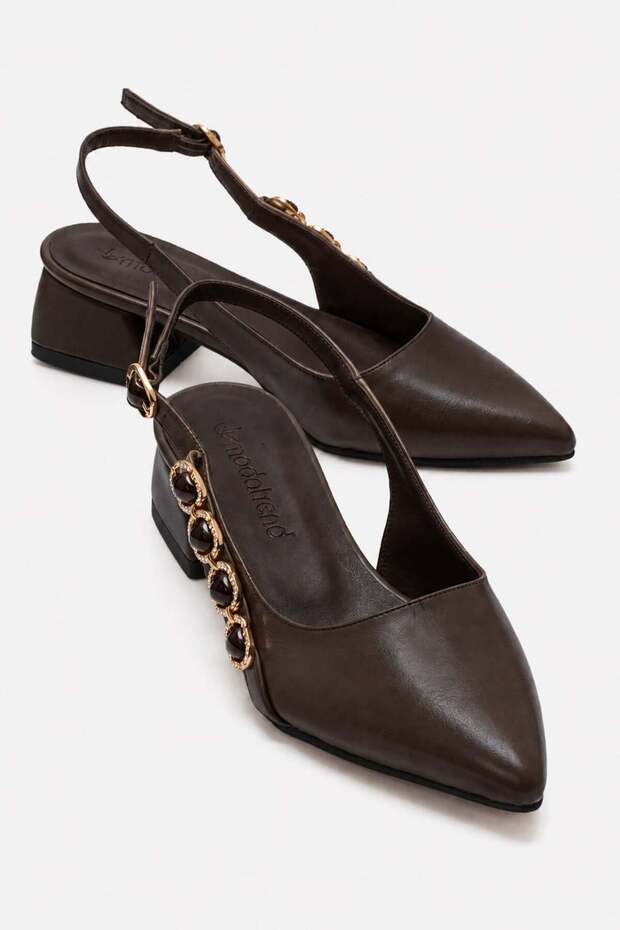 Side Stone-Embellished Buckle Open-Back Heeled Shoes Brown Crinkled