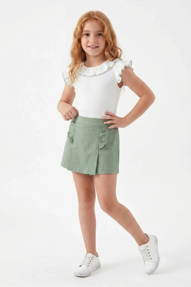 Cotton Basic Ruffle Detailed Shorts with Skirt Plain Girls' Knitted 2-Piece Top and Bottom Set