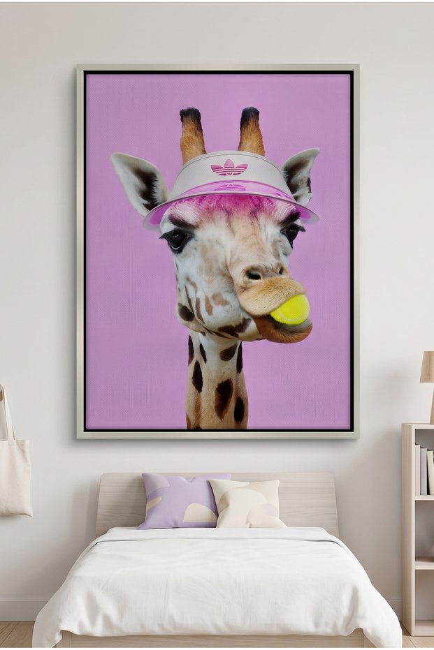 Tennis Giraffe Kids Wall Art | Portrait Framed Canvas Print | Luxury Modern Decor for Kids Room