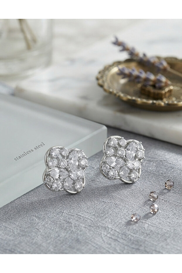 Brass Silver Color Zircon Stone Clover Model Earrings