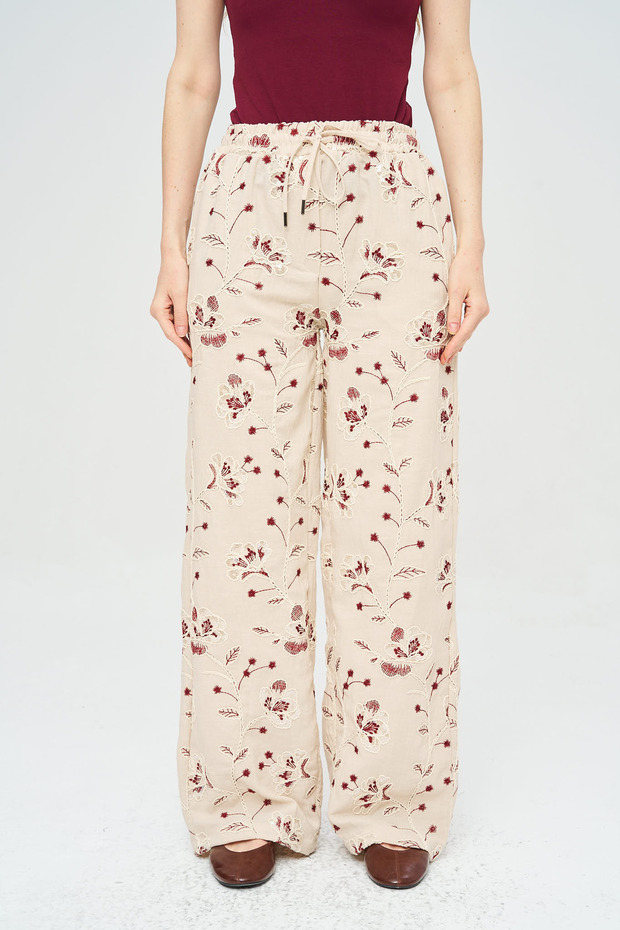 Women's Floral and Leaf Embroidered Sequined Palazzo Trousers