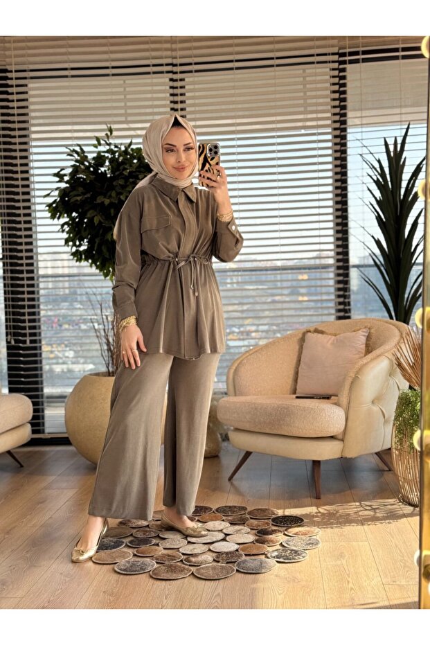 7459 Pocketed Drawstring Waist Suit Khaki