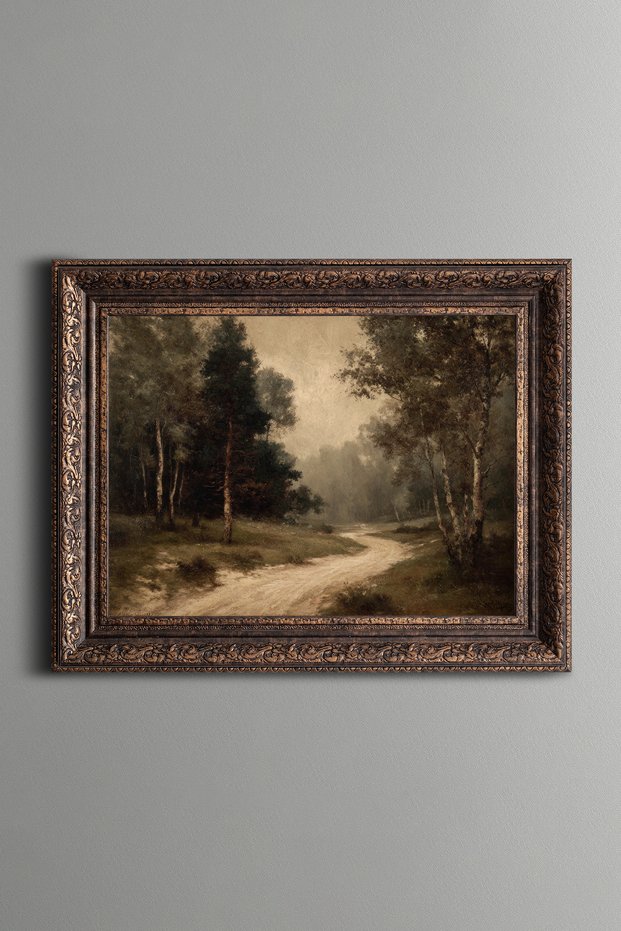 Forest Road and Foggy Landscape - Vintage Patterned Painting - Thick Model