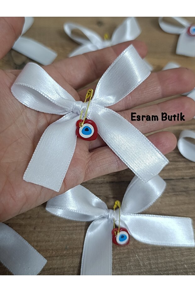 فيونكة من الساتان الأبيض مزينة بخرز العين الشريرة، للهدايا، الزفاف، الخطوبة، الختان، العلب، الهدايا التذكارية، 10 قطع