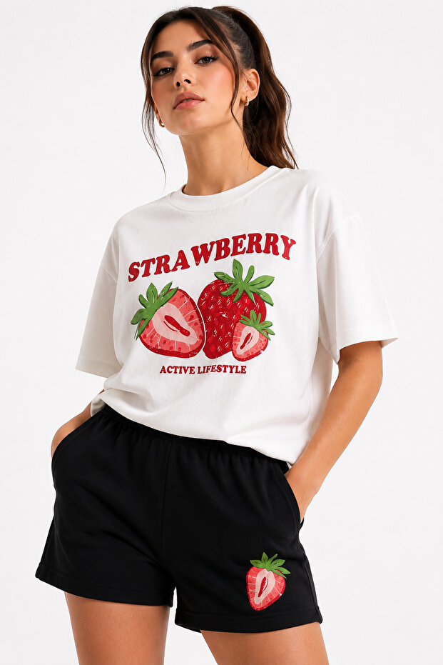 T-Shirt Shorts Set Strawberry Printed Oversize Fit Cotton