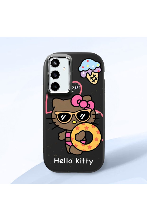 Samsung Galaxy S23 Fe Compatible Case Camera Protector Black Silicone Couple Phone Case with Kitty Pattern