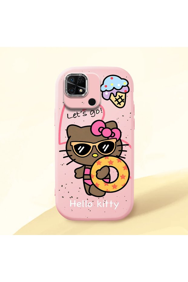 Redmi 10C Compatible Case Camera Protector Pink Silicone Couple Phone Case with Kitty Pattern