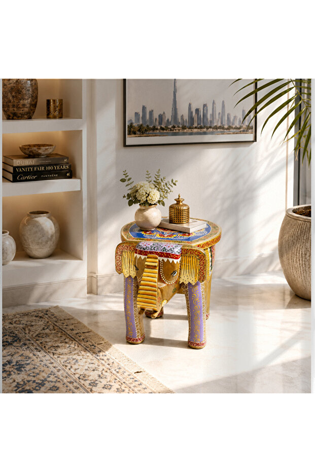 Wooden Traditional Elephant Table & Stool – Mango Wood Furniture(W:14.5''D:18''H:18'')