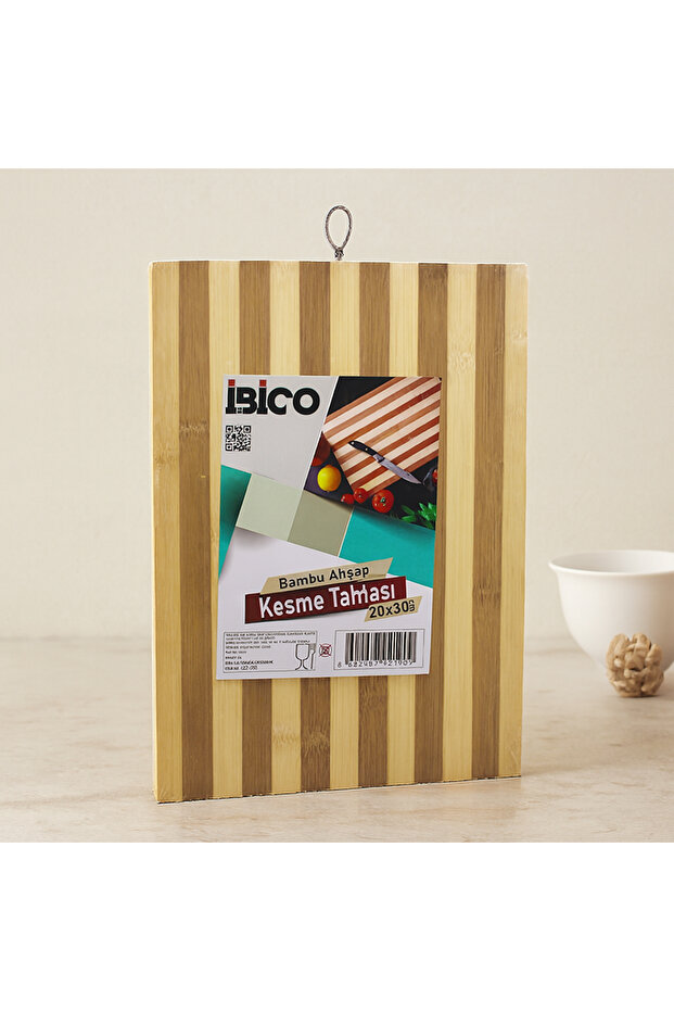 Bamboo Cutting Board 20X30X1.3 cm - White Striped with Metal Handle