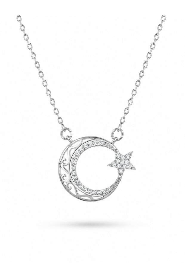 316L Steel Chain Silver Color Zircon Stone Motif Moon Star Necklace