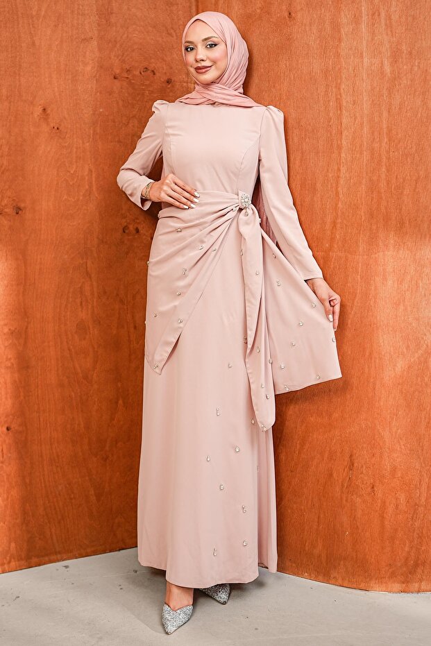 Powder Waist Detailed Stoned Evening Dress