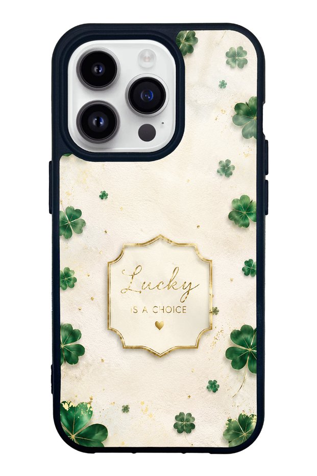 iPhone 14 Pro Ivory Glossy Phone Case with Lucky Clover Design