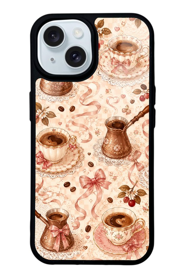iPhone 15 Glossy Phone Case with Blush Coffee Bow Design