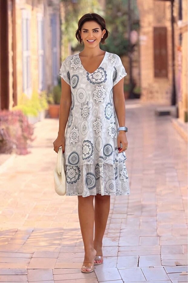 White Italian Mandala Patterned 100% Cotton Dress