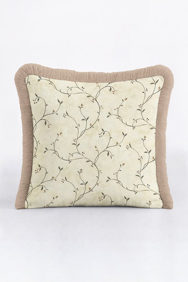 Elegant Floral Branch Motif Fringed Pillowcase - Romantic Botanical Cream Mink Tassel Throw Pillow Cover