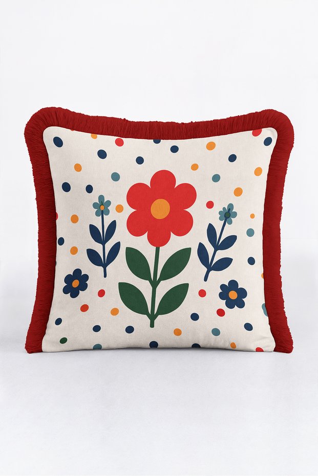 Retro Floral Colorful Speckled Fringed Pillowcase - Floral Cream Red Burgundy Tassel Throw Pillow Cover