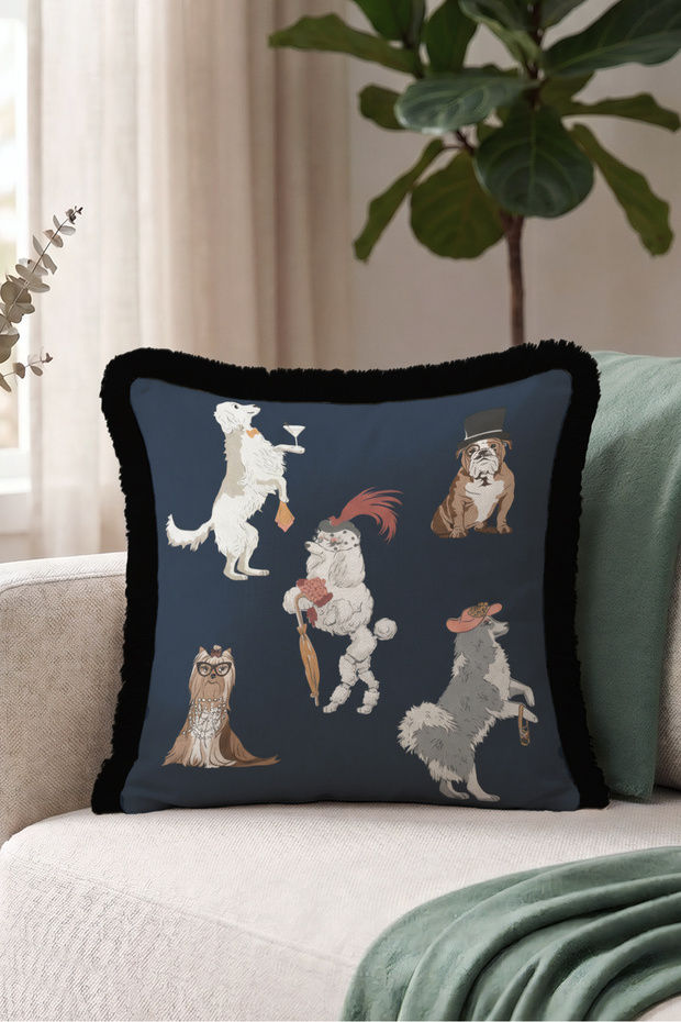 Dog Figured Decorative Masculine Fringed Pillowcase - Noble Eclectic Black Tasseled Throw Pillow Cover
