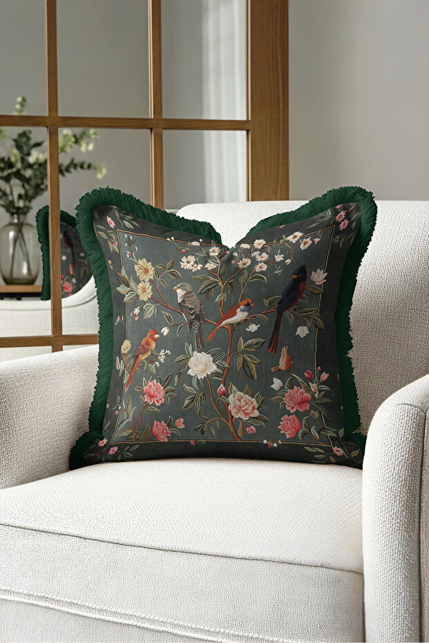 Birds and Flowers Spring Pattern Fringe Pillowcase - Botanical Bohemian Green Cream Tufted Throw Pillow Cover