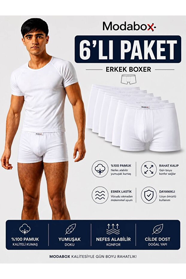 6-Pack Men's Boxers 100% Cotton Combed Cotton White Basic Boxer Comfortable Fit