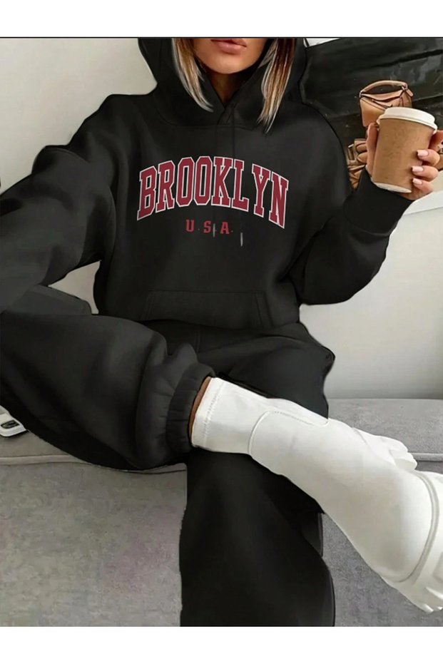 Brooklyn USA Tracksuit - Black Printed Suit Jogger Sweatshirt Elastic Leg Hooded