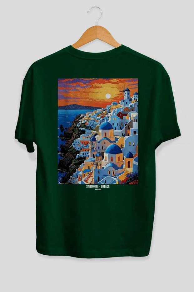Santorini Greece Green Oversize Country City Back Printed Unisex T-Shirt 100% Cotton Premium